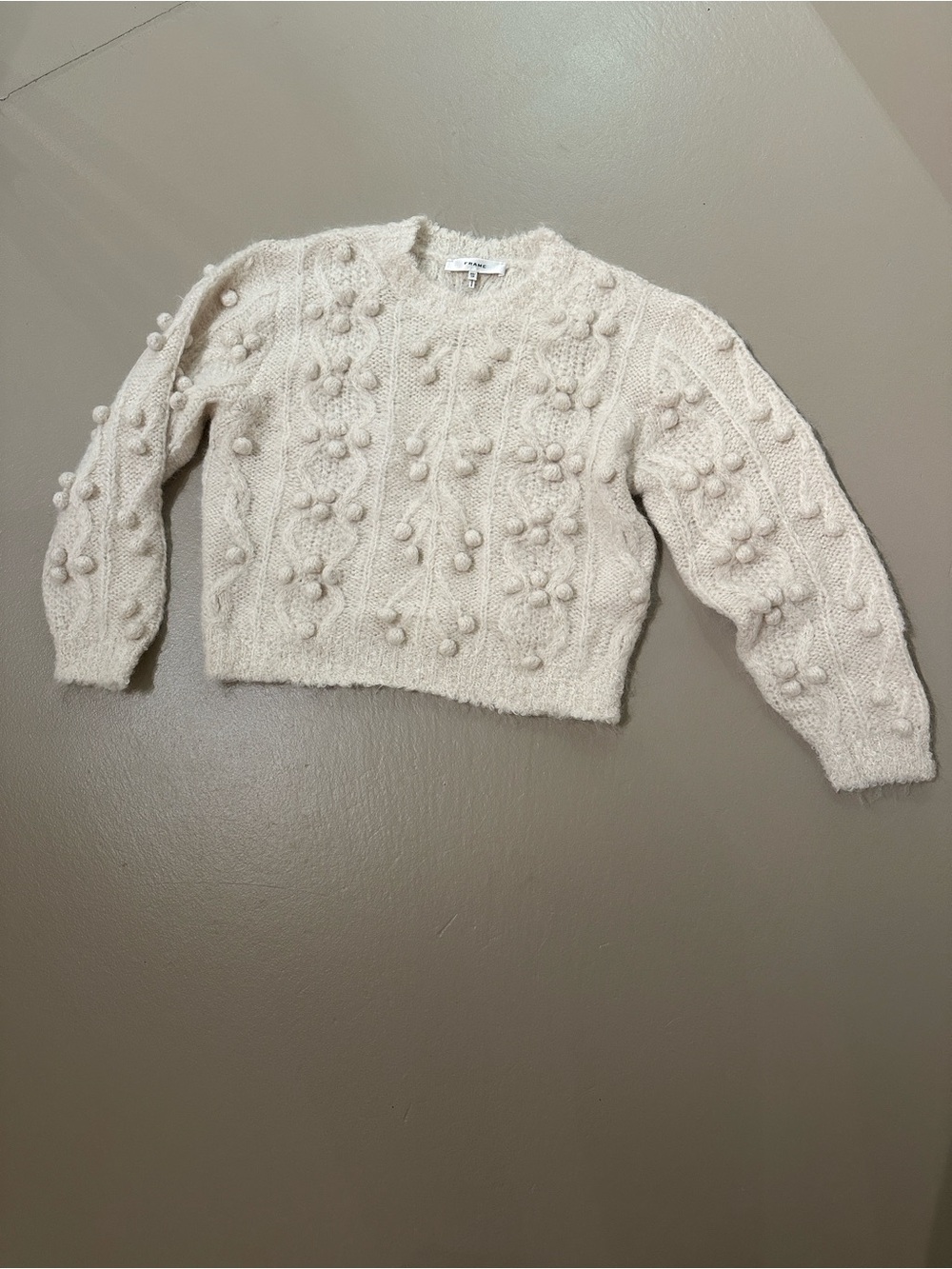 Frame Denim Cream Pom-Pom Cable Knit Crew Sweater